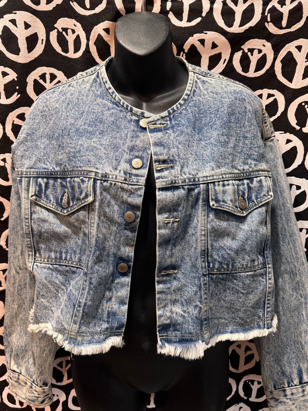 Vintage collarless distressed denim crop jacket